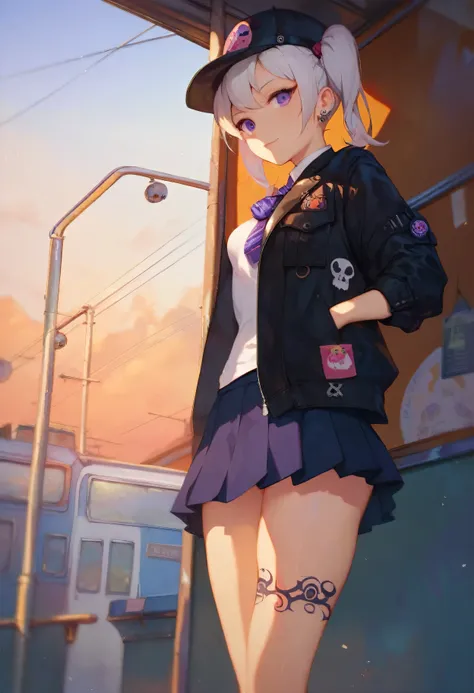 1girl, solo, white hair, purple eyes, twintails, leg tattoos, school  uniform, mini skirt, skull print, navy cap, leather jacket, orange sky,, outdoors, train station, standing in front of bus,, 