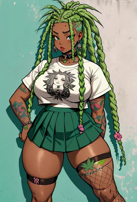 punk afro chubby girl with long freeform braided pastel green locs hairstyle and hairy legs)) (wearing cropped punk T-shirt and pleated skirt with fishnet stockings), plump thighs and soft big jiggly butt, (wearing diamond choker necklace), (cannabis flowe...