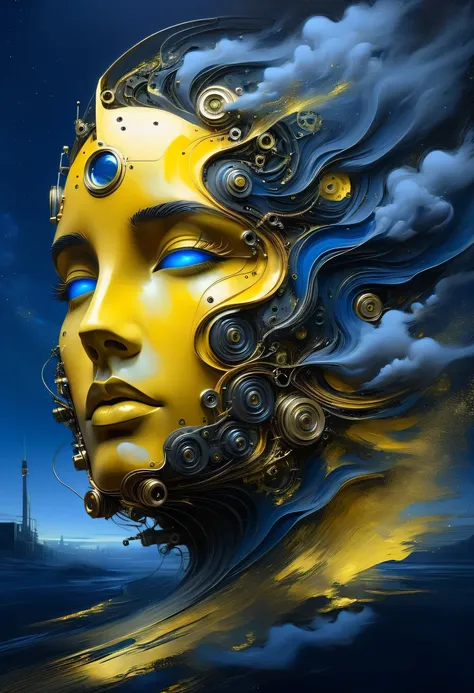 high relief with plaster oil painting big face composed and made by dreamlike elements and metal machines, futuristic steampunk,...