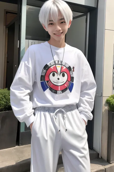 Japanese boy, 20 years old, slim body, white hair, flashy and casual clothes, long sleeves and long pants, good-looking, big eyes that could be mistaken for a girl, smiling face
