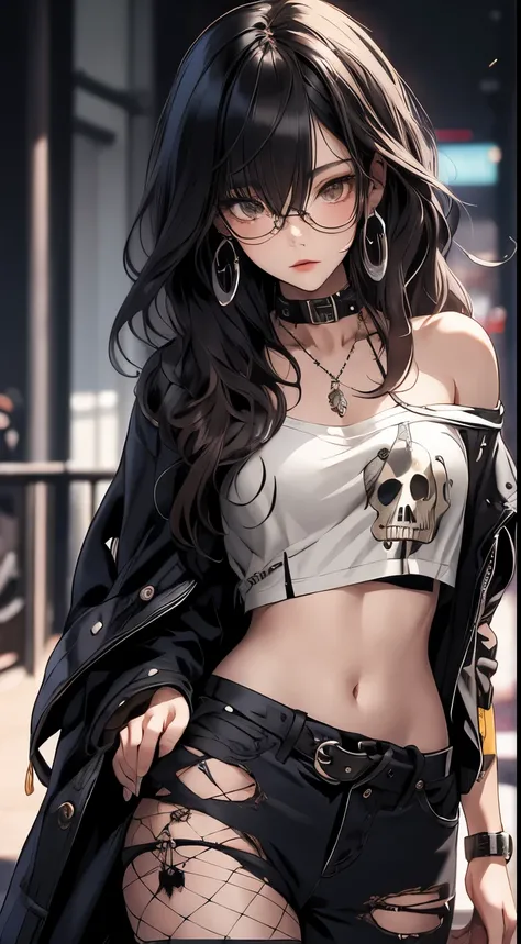 masterpiece, highest quality, pixiv, cool girl, the strongest pirate girl, skull fashion, dark brown hair, curly hair, dull bangs, straight bangs, gray eyes, white skin, gal, Improve