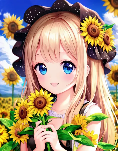 blue sky、White cloud、Summer sky、A flower field、Cartoon girl holding flowers and a big flower, Cute digital art, Cute and detailed digital art, Cute cartoon character, Cute art style, Adorable digital painting, Wearing a floral dress, Cute cartoon, Beautifu...