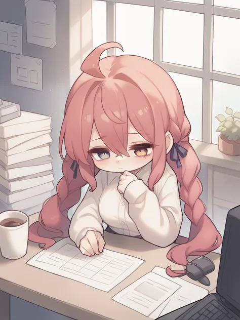 mature woman、at office 、tired 、near window 、night 、eyebags 、on computer 、coffee on table 、high resolution, twintails, very long ...