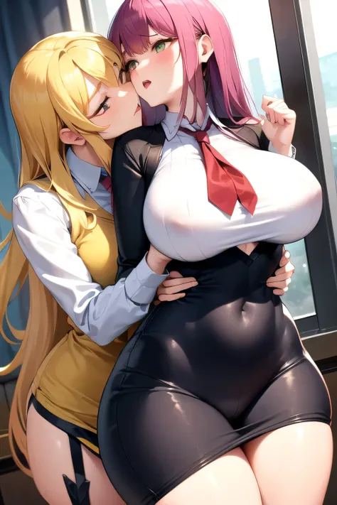 Lesbian (very long loose yellow hair)(big breasts, big thighs)(with  clothes it is very tight) that he is kissing at school with his girlfriend,(big breasts, big thighs)lesbian love