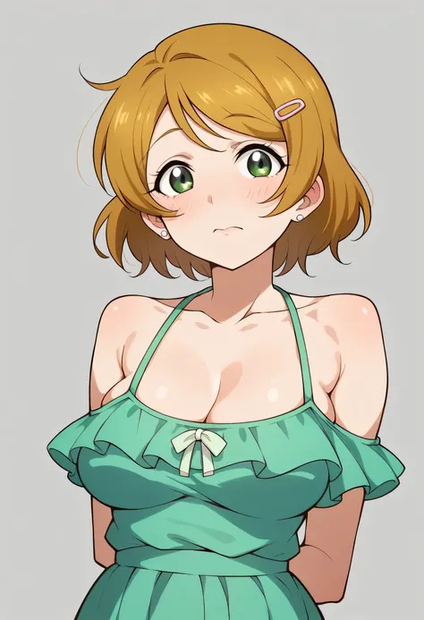 work of art, comely,hanayo koizumi amor on vivo, green bikini with ruffles,breasts big,(sagging breasts:0.7), arms behind the ba...