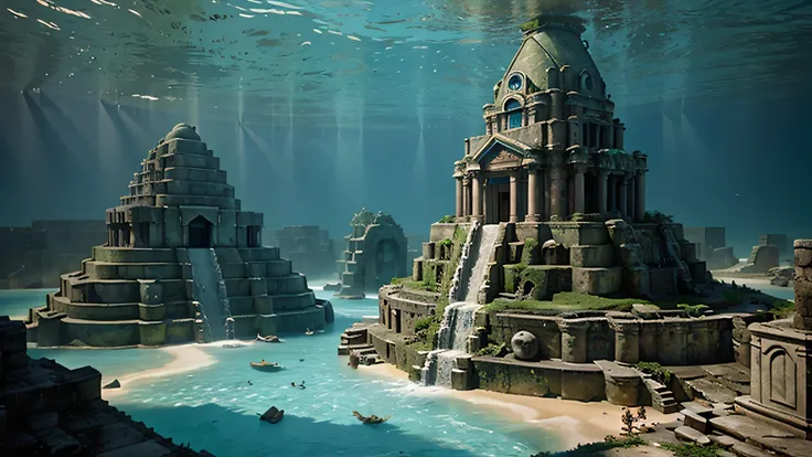 Depict the lost city of Atlantis as a sunken paradise, with remnants of its civilization lying beneath the ocean.