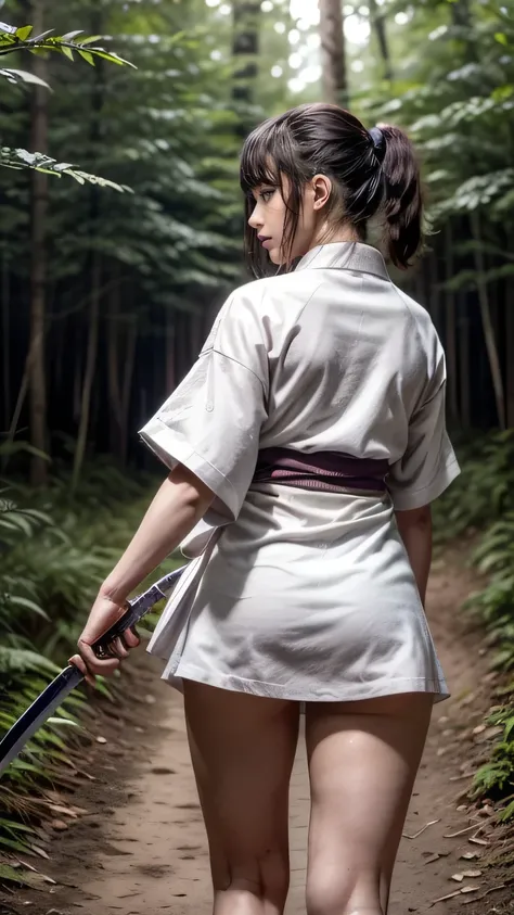 (was:1.3、((A female ninja standing in a fighting position with a weapon in the forest:1.5)、With background)、(Female ninja with a sword:1.5))、(Realistic、Like a photograph、Live Action、8k, Realistic, RAW Photos, Best image quality: 1.4), Single-lens reflex ca...