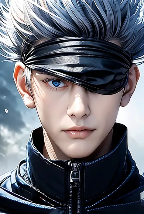 Envision a hyper-realistic image of a man with striking features, bringing to life the character of Gojo Satoru from Jujutsu Kaisen. His silver hair, short and unruly, frames a well-proportioned, small face that captures his sharp and attractive features. ...