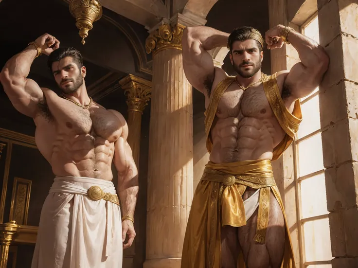 An ancient greek man, Chico, greek warrior, muscular, Graced, man de 25 años con poderosa presencia, greek headdress, ((wearing detailed greek tunics)), standing inside the greek temple, Intricate, elegant, Very detailed, masterpiece, extremely detailed, d...