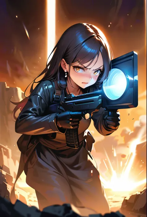 masterpiece, Highest quality, (((Ruined battlefield)))、(((Angry Face)))、Raising awareness, Desert Eagle, プラチナEarrings, Platinum Necklace, Black combat suit,Ready your weapon, One Girl, cute, (Dynamic Lighting:1.2), Cinema Lighting, Delicate facial features...