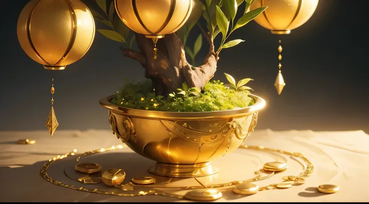 wealth. The scene should include elements such as overflowing treasure chests, radiant gold and jewels, lush greenery representing growth, and a serene, uplifting background. Incorporate symbols of success and abundance like a flourishing tree, flowing riv...