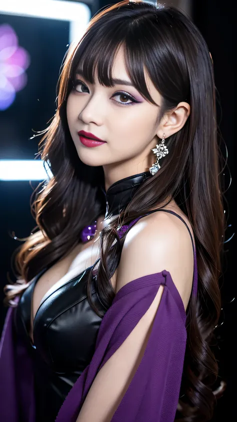 best quality、ultra-detailed、8k、Japanese、Japanese、Seductive beauty、seductive adult woman、Pretty Woman、cool girl、smirk、Wicked Smile、Villainess、brainwash makeup、Brainwashed、brainwash、Fallen into evil、Evil look、evil、Brown hair、wavy hair、swept bangs、dark makeup...