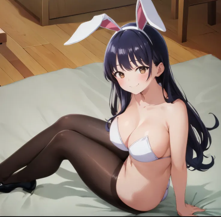 pov (from middle),(masterpiece:1.2, high quality), (pixiv:1.4),Anna Yamada,large breasts,medium waist,medium hips,wide thighs 1 girl, alone, onigiri, black hair, food, alone, shirt, long hair, brown eyes, looking at viewer, bunny ears, playboy bunny outfit...