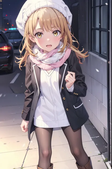 Irohaisshiki, isshiki iroha, Long Hair, Brown Hair, (Brown eyes:1.5), smile,Open your mouth,White Breath,low twin tail,Knitted hat,White scarf,Yellow long coat　Open front,Pink v-neck sweater,Short denim,Black pantyhose,short boots,Walking,snowが降っている,snowが積...