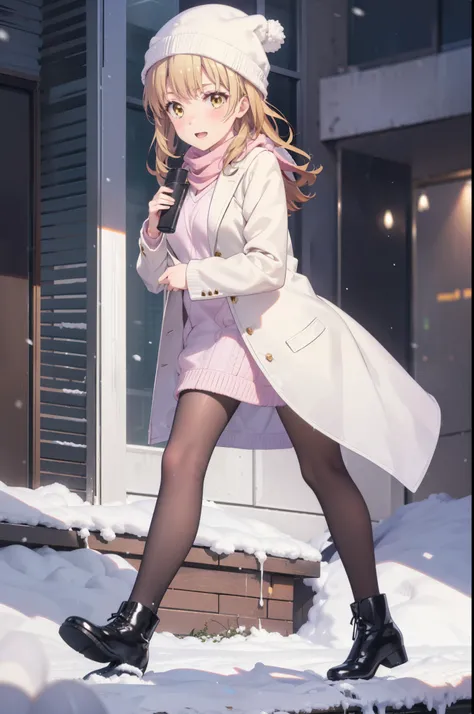 Irohaisshiki, isshiki iroha, Long Hair, Brown Hair, (Brown eyes:1.5), smile,Open your mouth,White Breath,low twin tail,Knitted hat,White scarf,Yellow long coat　Open front,Pink v-neck sweater,Short denim,Black pantyhose,short boots,Walking,snowが降っている,snowが積...