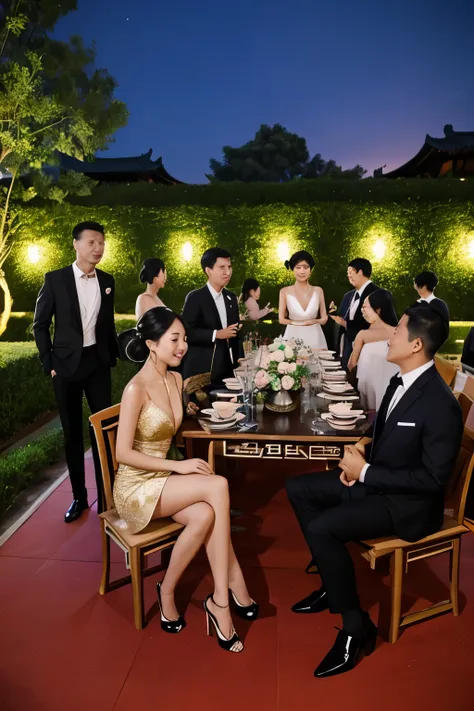 别墅reunion，A group of fashionable people，Chinese，Parties，In the villa garden，On the rooftop，Night，evening，reunion，Reception，wine，Wine Tasting，Suit，High heel（Rich details），（Best quality），Film Style