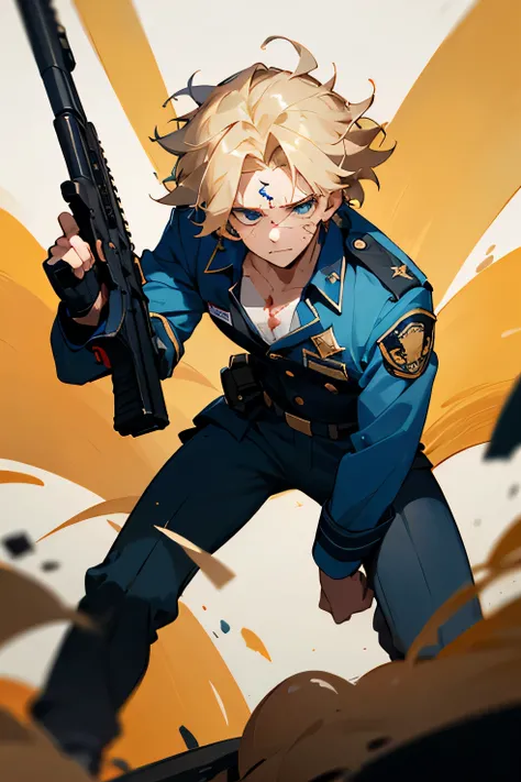 A man with fluffy, messy blonde hair, partially covering his forehead. He wears a black patch over his left eye., and his left cheek has a bloody scar, which indicates that it has been through recent battles. He wears a dark blue police uniform with a gold...