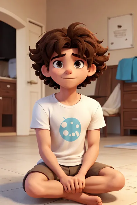 Full-body image, Young man, 25 years old, sitting on the floor, messy curly hair, Shaggy, wear a white t-shirt, Loose pants, White flip-flops