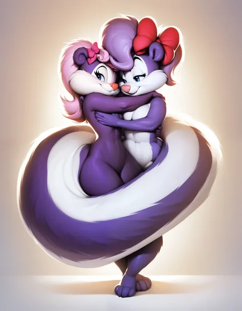 score_9, score_8_up, score_7_up, score_6_up, source_furry, score_safe, fifi, skunk, duo, female, sfw, furry, back, ((Wide hips)), ((tail coiling another female fox)), purple body, hair bow, tail, cute, short, beautiful eyes, cartoony, flat color, simple sh...