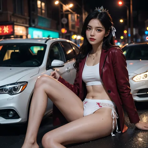 sfw, (closeup from crotch to face) extremelydetailed (schoolgirl lean against the car) spread knees up, perfect face, brilliant(...