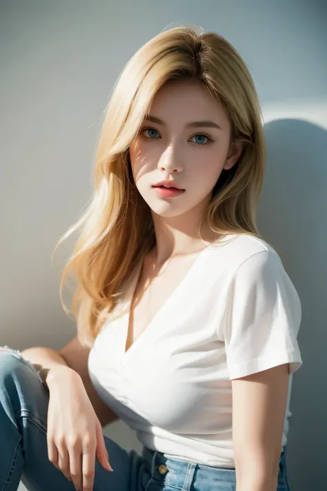 best quality, high resolution, ultra detailed, realistic, fashion model shoot, a blonde woman, green eyes, wearing a white shirt, blue jeans, dynamic lighting