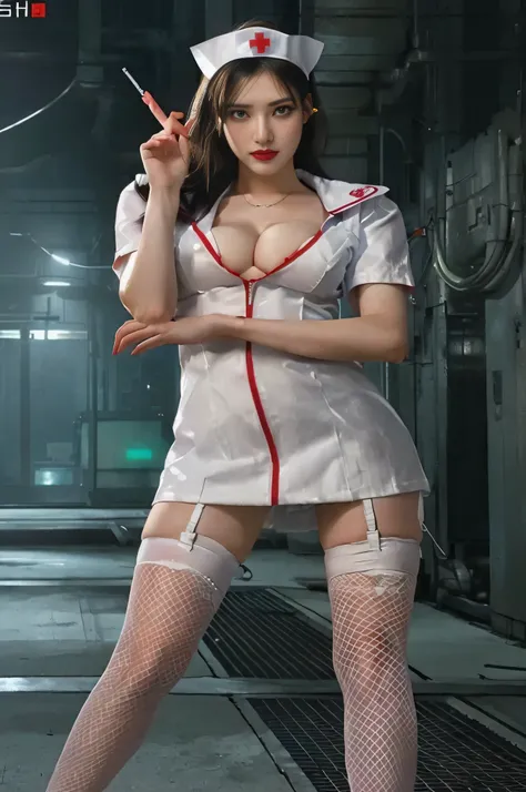 arafed nurse in a white uniform holding a cigarette, nurse girl, nurse, nurse costume, an alien robot naughty nurse, glamorous jill valentine, supermodel in silent hill, inspired by Ayami Kojima, close - fitting nurse costume, gordon freeman as a woman, cy...