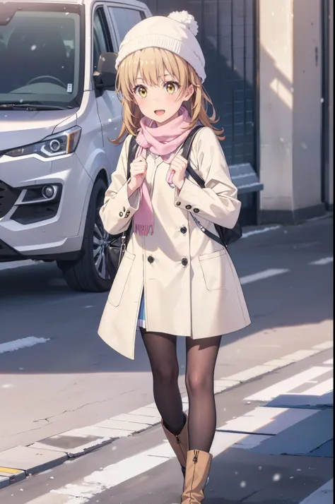 Irohaisshiki, isshiki iroha, Long Hair, Brown Hair, (Brown eyes:1.5), smile,Open your mouth,White Breath,low twin tail,Knitted hat,White scarf,Yellow long coat　Open front,Pink v-neck sweater,Short denim,Black pantyhose,short boots,Walking,snowが降っている,snowが積...