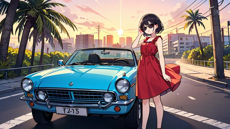 (masterpiece, best quality),1 woman, sunglasses,Bang Hair,City pop style outfit,chapped lips,Standing next to a classic convertible,A road lined with palm trees,sunset,Model Pose,Kodak Film