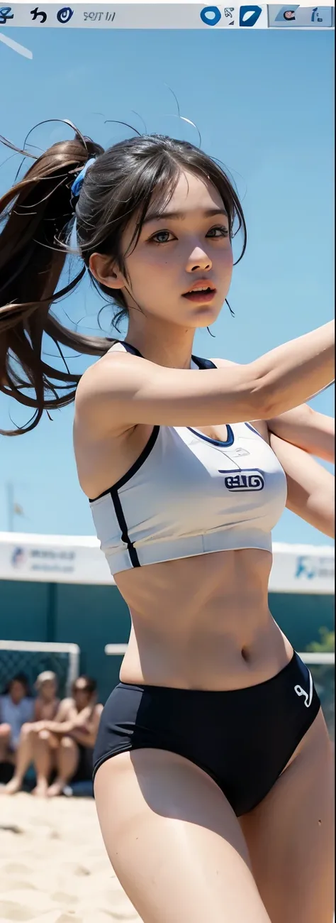 ((Wearing a sports braしたBeach Volleyball Women,Beautiful Japanese woman in light-colored clothing,Real person,Detailed body)),( Playing a beach volleyball game),(A composition of a match with momentum and swinging hair,Live Action),((Wearing a sports bra))...