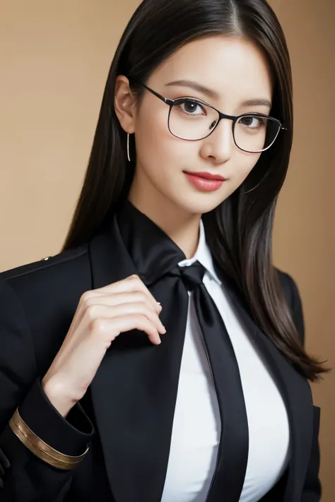 (8k、RAW Photos、Highest quality、masterpiece:1.2)、(Realistic、Photorealistic:1.37), High resolution, 1. Beautiful woman,New female teacher,((Wearing black-rimmed glasses)),Half face, Beautiful Eyes鼻立ち, A smile with slightly visible teeth, Curly straight hair...