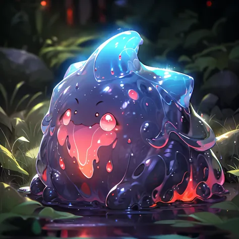 Slime, monster, helmet with horn, red glowing eyes, outdoors, waterfall, night, night sky, no human
