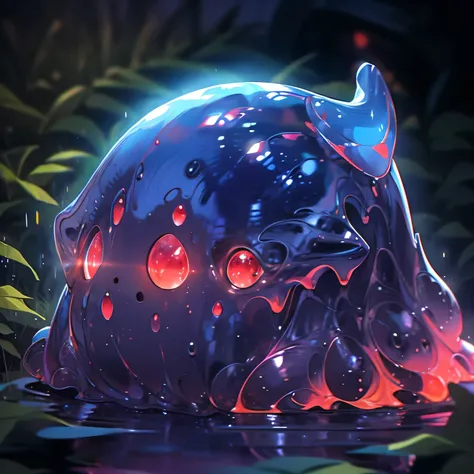 Slime, monster, helmet with horn, red glowing eyes, outdoors, waterfall, night, night sky, no human
