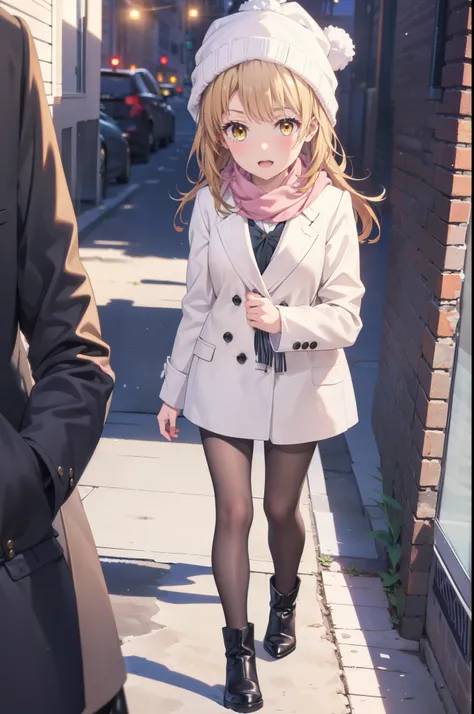 Irohaisshiki, isshiki iroha, Long Hair, Brown Hair, (Brown eyes:1.5), smile,Open your mouth,White Breath,low twin tail,Knitted hat,White scarf,Yellow long coat　Open front,Pink v-neck sweater,Short denim,Black pantyhose,short boots,Walking,snowが降っている,snowが積...