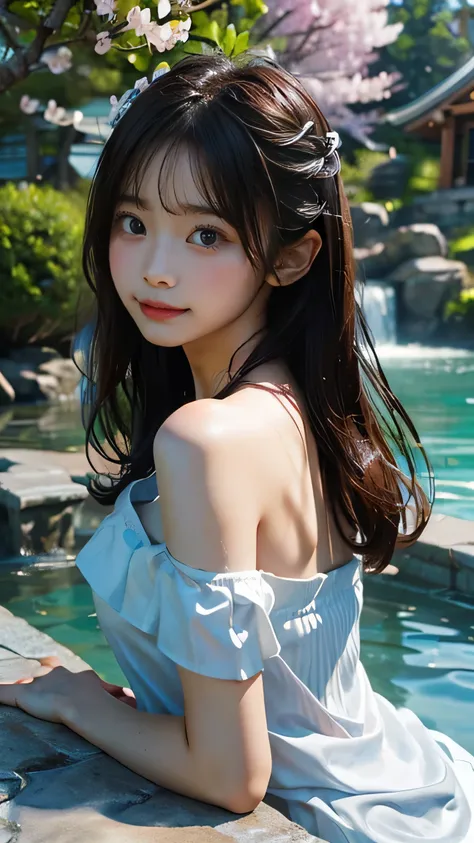 ,(masterpiece),(best quality),perfect anatomy,perfect face,realistic,
seductive,korean,1girl,bare shoulders,off shoulder,wet body,wet clothes,seductive_smile,
hips,wind_lift,outdoor,in spring,hot spring pool,falling petals,cherry blossoms,looking_at_viewer...