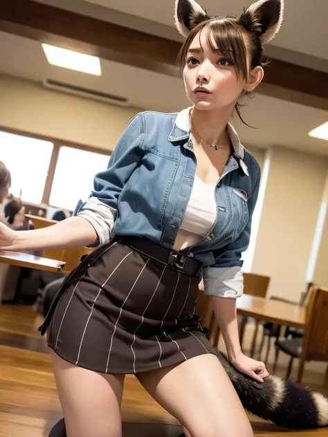 ((Highest quality, 8k)), ((masterpiece)), (Highest Resolution), Perfect Face, Raccoon-eared woman, Female college student, Beautiful woman, public, One tail, she has thick thighs, Big raccoon tail, She has a brown raccoon tail., She wags her tail, Troubled...