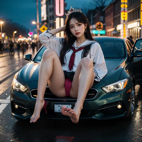 SFW, (Closeup from Crotch to Face) ExtremelyDetailed (SchoolGirl Lean against the Car) Spread Knees Up, perfect face, Brilliant(Tiny Crown), Detailed(Delicate Clothing textures) Sailor Uniform with Red Ribbon (((WhitePanties))), PerfectHand with Childish 4...