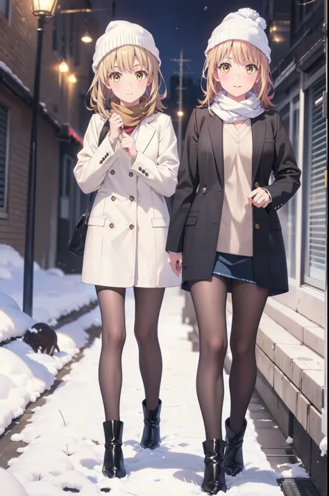 Irohaisshiki, isshiki iroha, Long Hair, Brown Hair, (Brown eyes:1.5), smile,Open your mouth,White Breath,low twin tail,Knitted hat,White scarf,Yellow long coat　Open front,Pink v-neck sweater,Short denim,Black pantyhose,short boots,Walking,snowが降っている,snowが積...