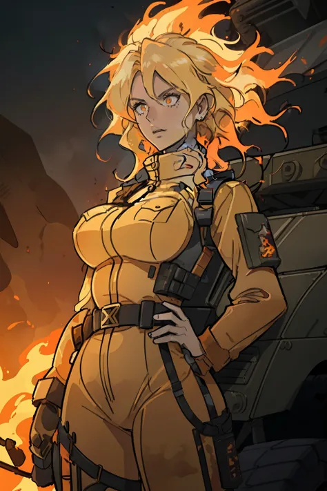 Woman with blonde, wavy hair cascading down her back, big breasts accentuated by her tactical military vest, positioned boldly amidst a chaotic dessert landscape filled with military vehicles and the ferocious tongues of flames from the cataclysmic explosi...