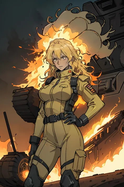 Woman with blonde, wavy hair cascading down her back, big breasts accentuated by her tactical military vest, positioned boldly amidst a chaotic dessert landscape filled with military vehicles and the ferocious tongues of flames from the cataclysmic explosi...