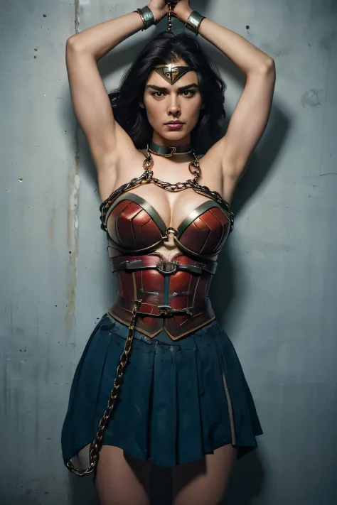 1girl, beautiful girl, wonder woman,blue skirt, rise eyebrows, (((shackles)), ((shackles and arms down, chain leads, metal collar, wrists tied)), bondage, slavery, restraint, (basemend wall backgroun, dirty, dark, creepy), best quality, masterpiece, arms u...