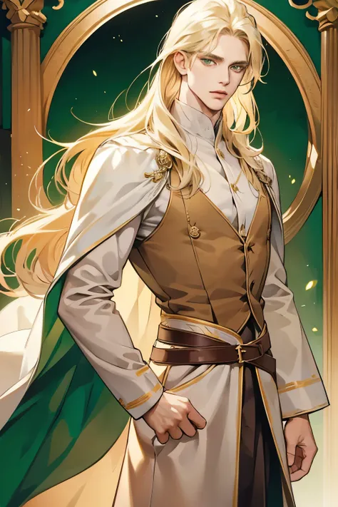 handsome masculine man, green eyes, ash blond hair, shoulder length long hair, green medieval noble clothes, light skin