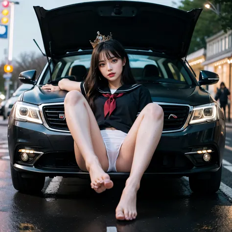 SFW, (Closeup from Crotch to Face) ExtremelyDetailed (SchoolGirl Lean against the Car) Spread Knees Up, perfect face, Brilliant(Tiny Crown), Detailed(Delicate Clothing textures) Sailor Uniform with Red Ribbon (((WhitePanties))), PerfectHand with Childish 4...