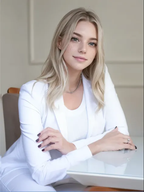 Face of a woman, americana, age 25, pale skin and freckles, grey-eyed, delicate nose, soft and delicate lips, Long Wavy Gray Blonde Hair, Sweet smile, cabelo solto e cheio