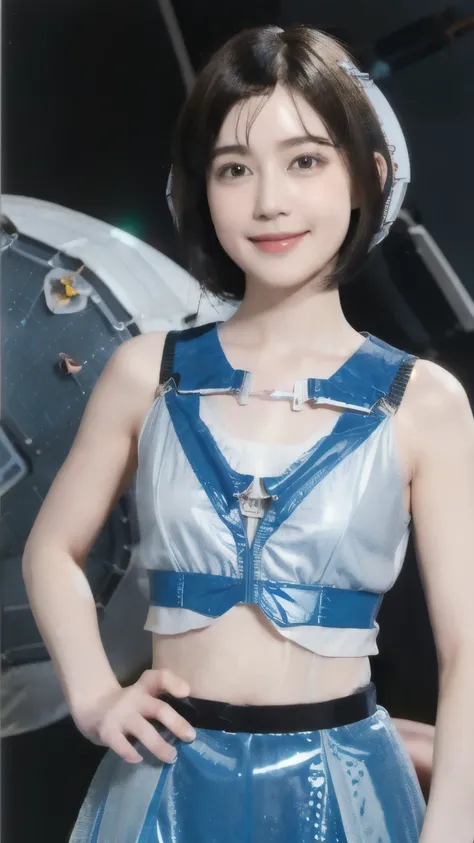 268 (20-year-old princess,Are standing),  ((short hair:1.46)), (chest:1.46), Old-fashioned smile, (flower), (Spaceship:1.46) 