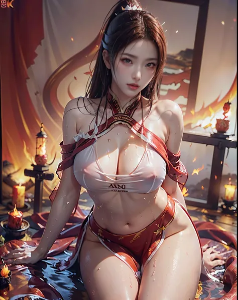 （Full body photo，Full-body display），((Great composition，Medieval ancient battlefield，A woman wearing a loose red gauze skirt，Water Goddess，Behind him is an underwater armrest.，My whole body is wet，Shooting from below，Rich scene details，Flames were floating...