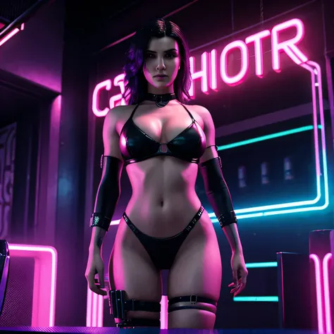 there is a woman standing with a rainbow light, 3 d neon art of a womans body, neon-noir background, cyberpunk femme fatale, seductive cyberpunk dark fantasy, cyberpunk strip clubs, cyberpunk 20 y. o model girl, oppai cyberpunk, banner, high definition cgs...