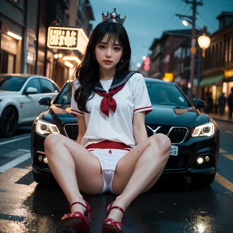 SFW, (Closeup from Crotch to Face) ExtremelyDetailed (SchoolGirl Lean against the Car) Spread Knees Up, perfect face, Brilliant(Tiny Crown), Detailed(Delicate Clothing textures) Sailor Uniform with Red Ribbon (((WhitePanties))), PerfectHand with Childish 4...