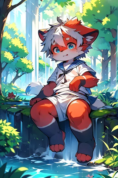 Dagashi,Hair growing all over the body,Red fur,Red face,Gray Hair,Male puppies,Libido boy,Red face fur,Fluffy tail,10 years old,Shining Eyes,Panoramic View:1.2,Character Focus,（(Wearing a sailor uniform,River side,waterfall,nature,beautiful))