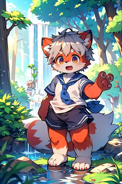 Dagashi,Hair growing all over the body,Red fur,Red face,Gray Hair,Male puppies,Libido boy,Red face fur,Fluffy tail,10 years old,Shining Eyes,Panoramic View:1.2,Character Focus,（(Wearing a sailor uniform,River side,waterfall,nature,beautiful))