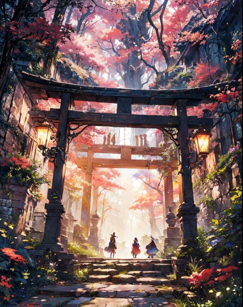 (masterpiece, Highest quality, Highest quality. Official Art, beautifully、aesthetic:1.2). Stunning matte painting depicting a stone building in the middle of a forest, Dark fantasy setting, A mesmerizing magical fantasy forest, Witch&#39;s hut in the woods...